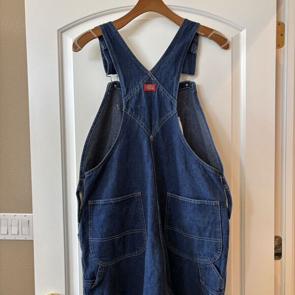 Dickies Jeans Denim Bib Overalls 36 X 34 Carpenter Dark Blue Work Button fly‎ - Picture 5 of 12